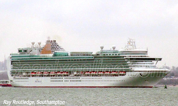 VENTURA (2008/116017grt/IMO 9333175) amid the snow flurries, makes her grand entrance into her home port of Southampton today (6 April 2008) as she completes her delivery voyage from the Italian Fincantieri shipbuilders yards. The largest cruiseship ever to have been built  specifically to caterf or the UK market, she is due to be officially named by Oscar-winning actress Helen Mirren. 6 April 2008. Photo by SeapixOnline.com/Ray Routledge, Southampton